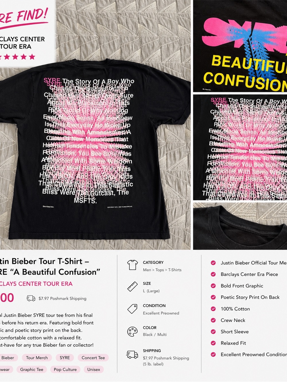 Justin Bieber Black Tee with Pink and Yellow Graphic